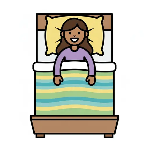 Ein lächelndes Mädchen liegt in einem Bett mit gelbem Kissen und einer gestreiften Decke in Grün, Gelb und Blau.