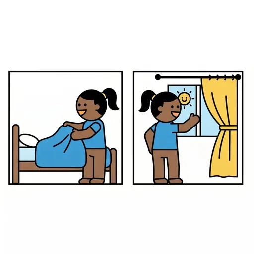 Zwei Bilder, auf denen ein Mädchen sein Bett macht und dann den Vorhang zur Sonne öffnet.