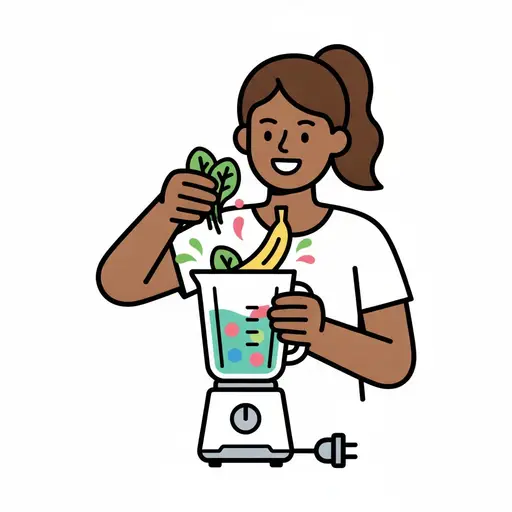 Een meisje doet spinazie en banaan in een blender om een smoothie te maken.