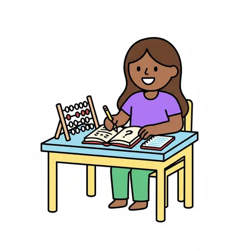 Een meisje schrijft in een schrift met een telraam naast zich.