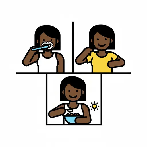 En illustration i tre paneler som visar en morgonrutin. Övre vänster: en person borstar tänderna. Övre höger: en person tar på sig en t-shirt. Nedre: en person äter flingor från en skål, med en solikon bredvid.