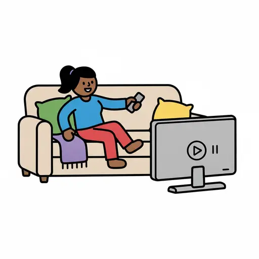 Ein Mädchen sitzt mit Fernbedienung auf dem Sofa vor dem Fernseher.