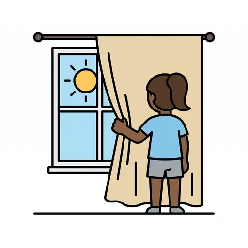 Een meisje trekt de gordijnen open zodat de zon door het raam naar binnen schijnt.