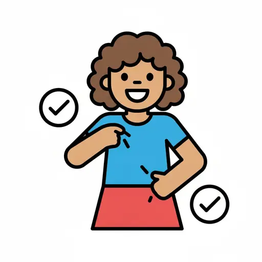 A girl points at her outfit with check marks showing the clothes are okay.