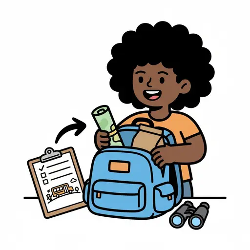 Een meisje pakt haar rugzak in voor een uitje. Ze doet een groene rol en een papieren zak in de tas. Naast haar liggen een checklist en een verrekijker.