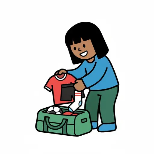 A girl packs a red football shirt, shorts and socks into a green sports bag with a ball inside.