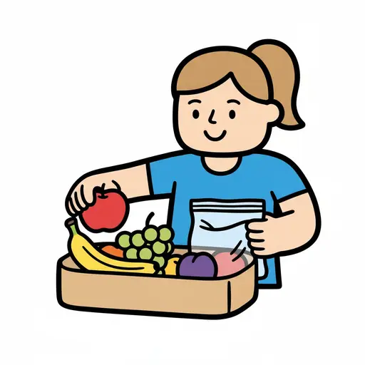 Een meisje pakt fruit, zoals een appel, in een lunchtrommel.