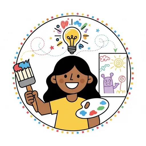 A girl holds a brush and palette next to her own drawing.