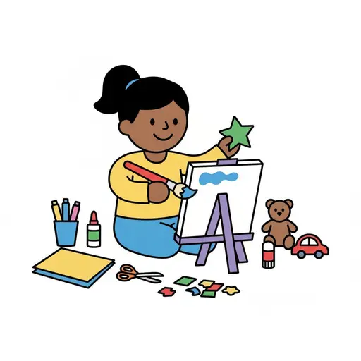Een meisje schildert aan een ezel tussen stiften, papier, een schaar, lijm, een knuffelbeer en een speelgoedauto.