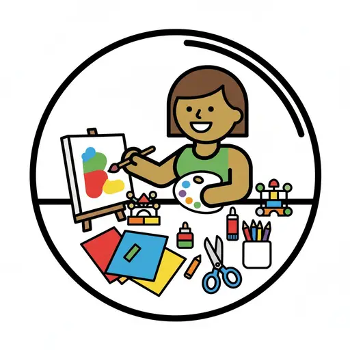 A girl paints on an easel surrounded by craft supplies like scissors, glue and pencils.