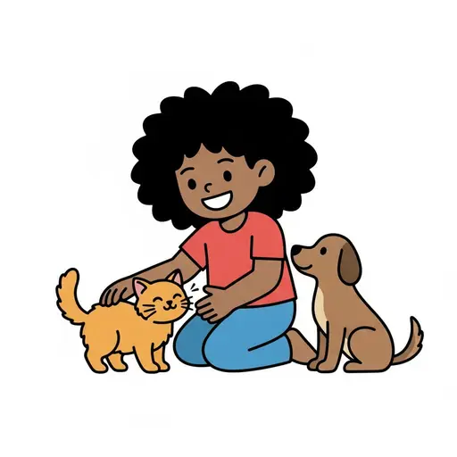 Ein Mädchen kniet und streichelt eine orange Katze, daneben steht ein Hund.