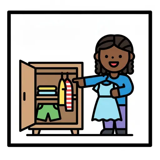 A happy girl with braids stands by an open wardrobe holding up a light blue dress.