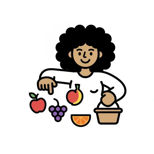 Een meisje kiest fruit en legt het in een mandje.