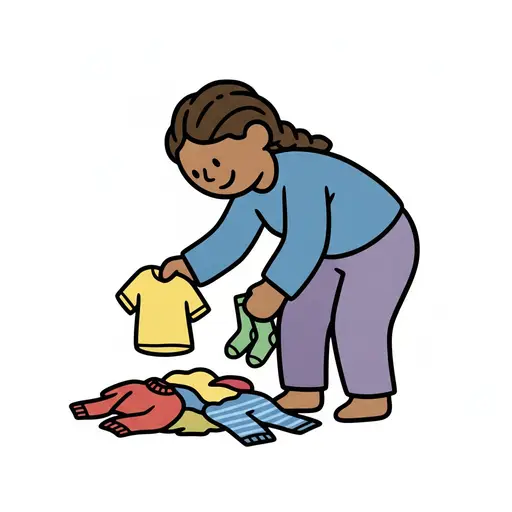 A girl picks up clothes from a pile on the floor.
