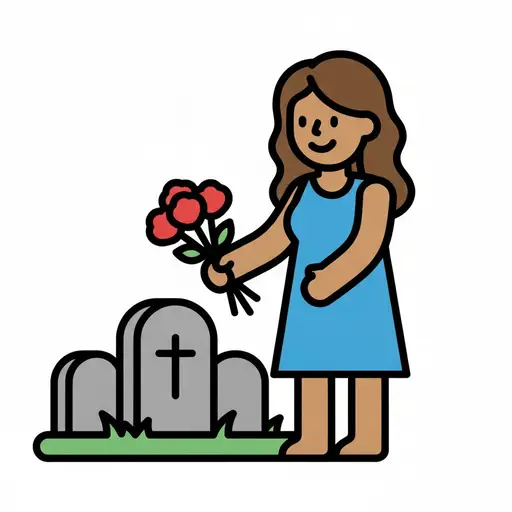 En jente i blå kjole som holder røde blomster ved siden av gravsteiner med et kors.