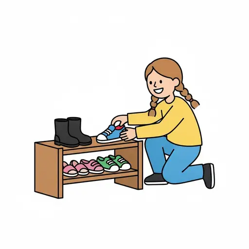 Een meisje met vlechtjes zit op haar knieën en zet een paar sportschoenen in een schoenenrek met laarzen en andere schoenen.