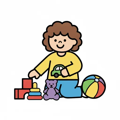 En pige leger med klodser, en bil, en bamse og en bold.