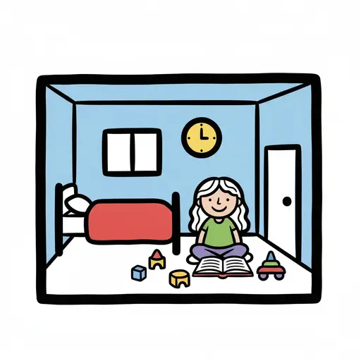 Een meisje zit op de vloer van haar slaapkamer met een opengeslagen boek en bouwblokken om zich heen.