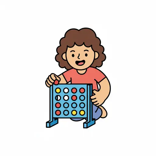 A child playing the game Quattro, inserting a red disc into the blue grid.