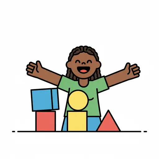 A girl happily playing with colorful building blocks.