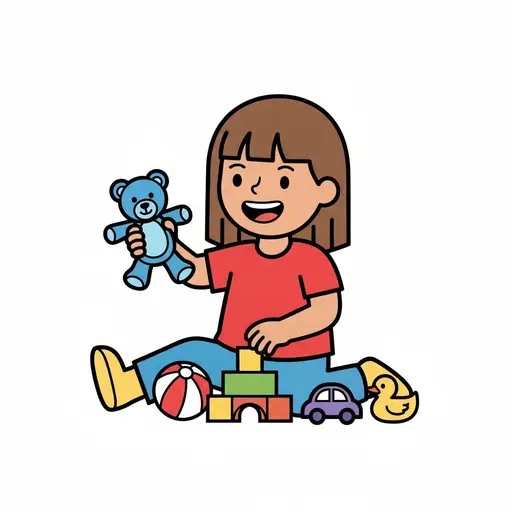 En flicka sitter på golvet med en nalle, klossar, en boll och en bil.