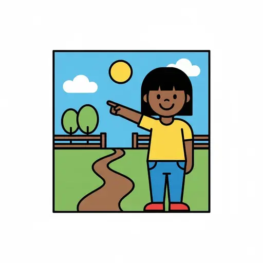 Een meisje in een geel shirt wijst naar een pad dat in de zon over het gras langs een hek en bomen kronkelt.