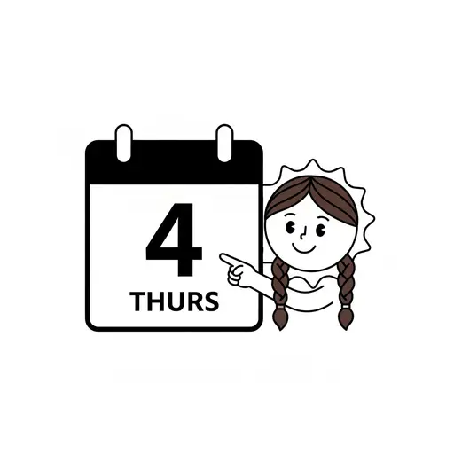 Een meisje met vlechten wijst naar een kalenderpagina met een groot cijfer vier en het woord THURS.