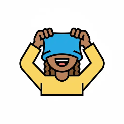 A laughing girl holds a blue top with both hands and pulls it down over her head.