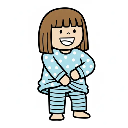Een lachend meisje trekt een lichtblauw pyjamashirt met stippen over haar gestreepte pyjamabroek naar beneden.
