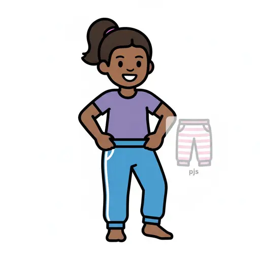 A girl pulls up a pair of blue track pants, with striped pyjama bottoms shown as the other choice.