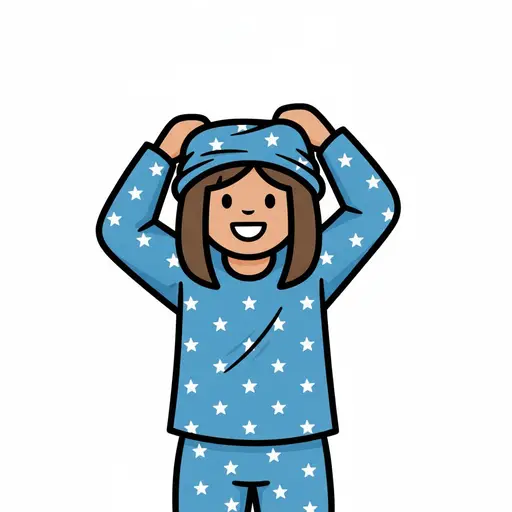 Een meisje trekt een blauw pyjamashirt met sterren over haar hoofd.
