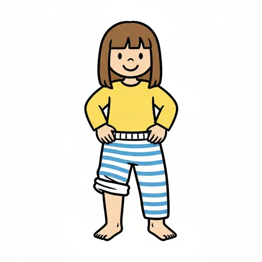 En flicka drar upp randiga pyjamasbyxor.