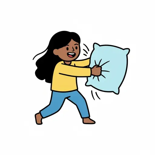 A girl punches a light blue pillow, with motion lines around her hand.