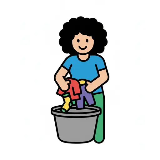 Ein Mädchen drückt schmutzige Kleidung in eine graue Wanne.