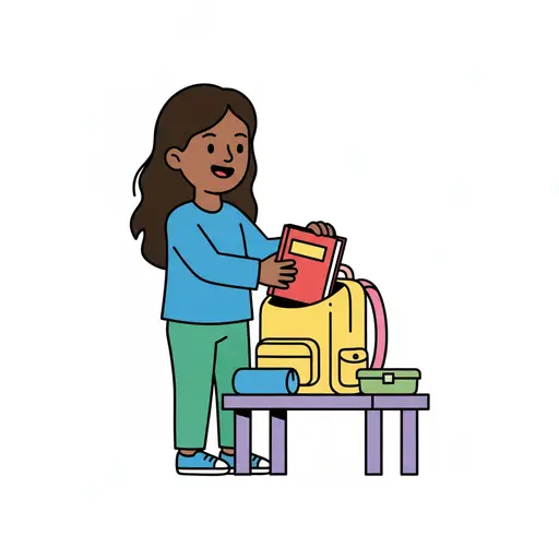 A girl puts a book into a yellow backpack with a pencil case and lunch box nearby.