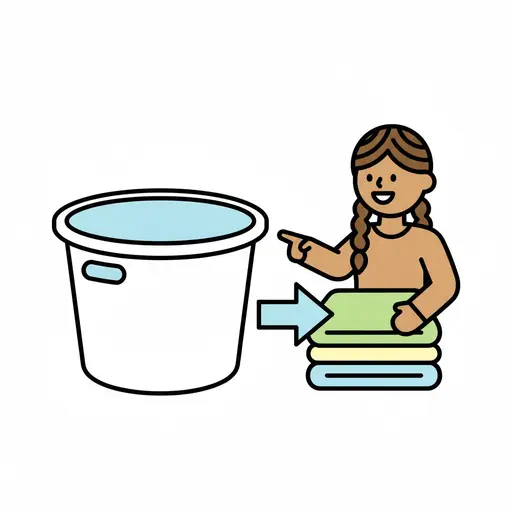 A girl points to a stack of folded clothes with an arrow showing them going into a large empty tub.