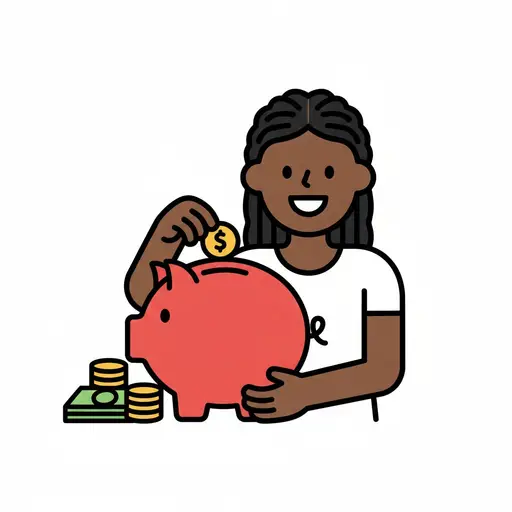 Een meisje doet een munt in een rode spaarpot naast munten en bankbiljetten.