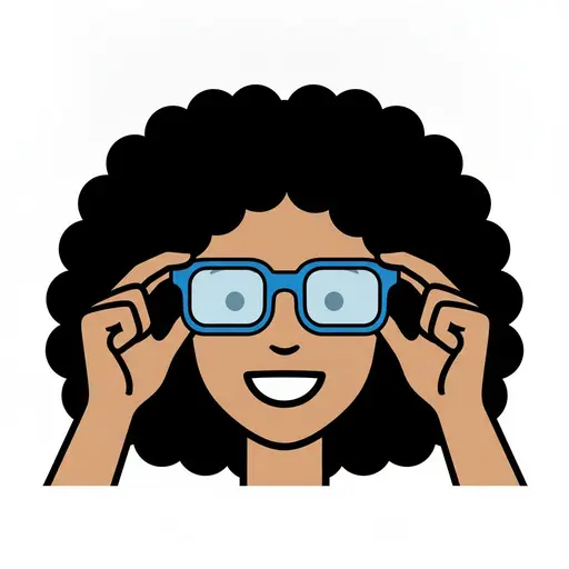 A laughing girl with big curly hair settles a pair of blue-framed glasses into place with both hands.