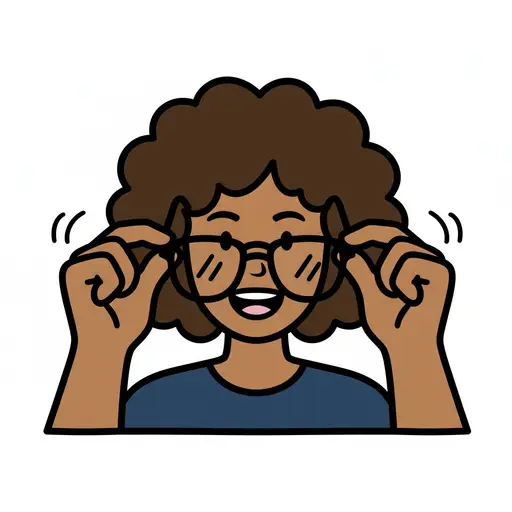 A smiling girl adjusts her glasses with both hands.