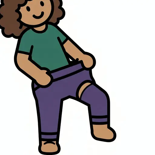 Hymyilevä henkilö pukee violetteja leggingsejä jalkaan.