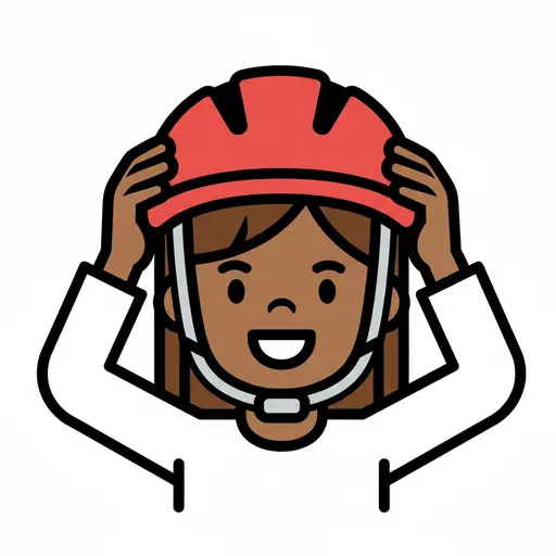 En glad pige sætter en rød cykelhjelm på hovedet med begge hænder, mens hageremmen er spændt.