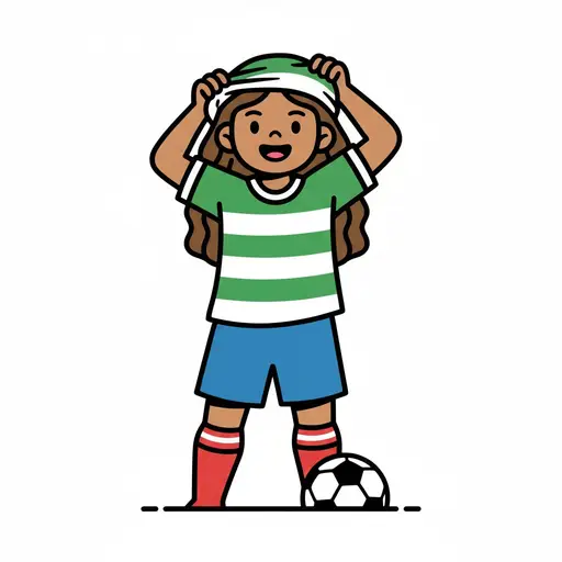 En pige tager en grøn og hvid stribet fodboldtrøje på. Hun står ved siden af en fodbold og har blå shorts og røde strømper på.