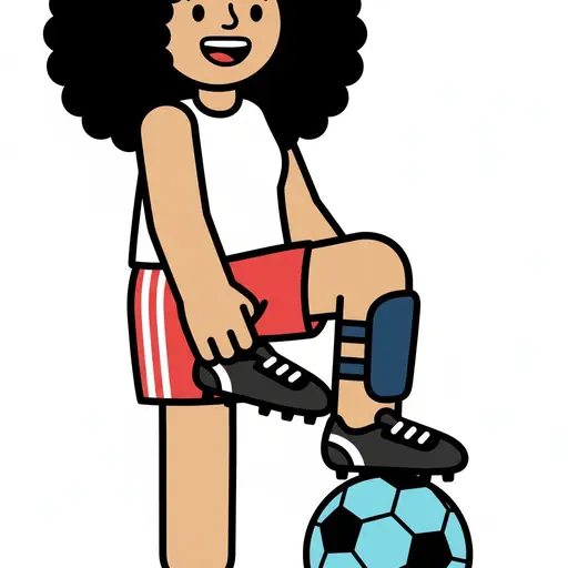 Eine Person zieht einen Fußballschuh an, wobei ein Fuß auf einem Fußball ruht. Die Person trägt Schienbeinschoner.