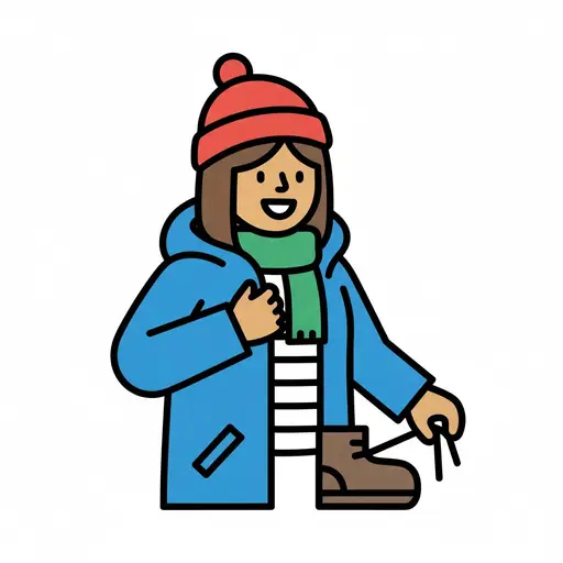 Een meisje in een blauwe winterjas, een rode muts en een groene sjaal trekt bruine laarzen aan.