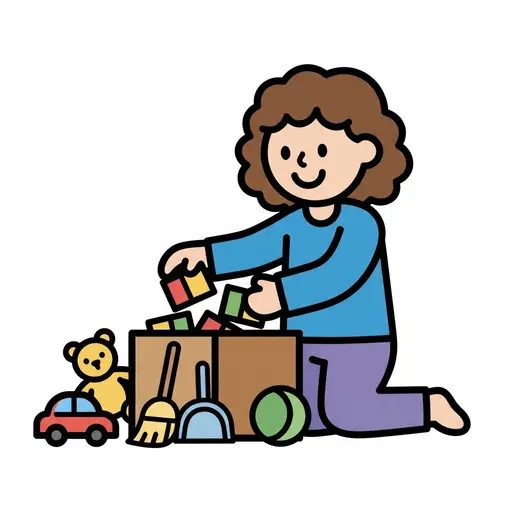 En jente med krøllet brunt hår sitter på gulvet og legger fargerike klosser i en pappeske, omgitt av en bamse, en ball og en lekebil.