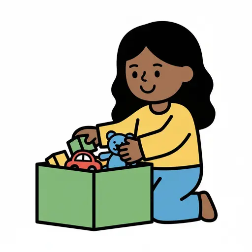 A girl kneels and puts toys into a green box.