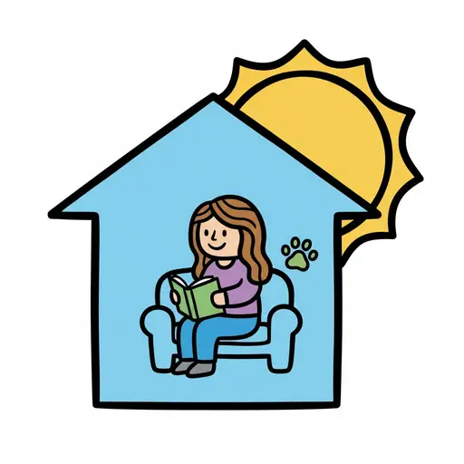 A girl sits in an armchair reading a book at home while the sun shines