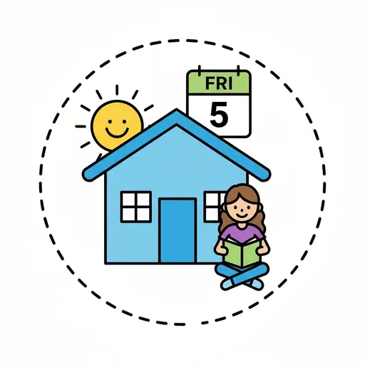 A girl sits reading a book outside a house, with a sun and a calendar showing Friday.