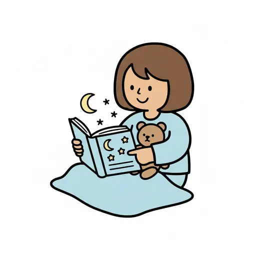 Een meisje leest een verhaaltje voor het slapengaan met een teddybeer onder een deken.