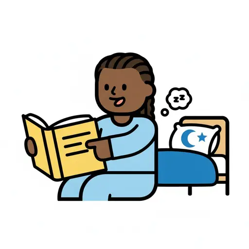 Een persoon in pyjama zit in bed een boek te lezen. Een gedachtewolk met 'zz' geeft slaperigheid aan en op het bed ligt een kussen met een maan en een ster.